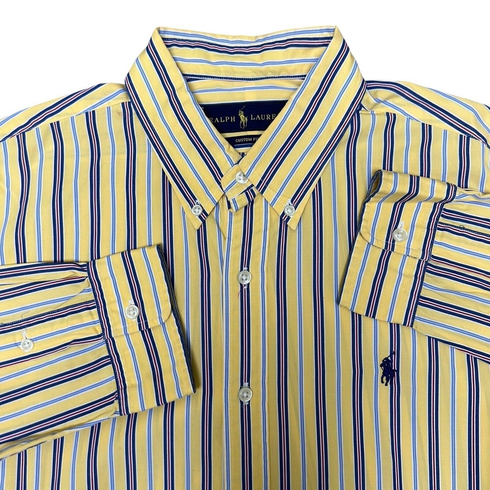 Ralph Lauren Shirt L Yellow Stripe Colorful Classic Button Up Long Sleeve Mens‎